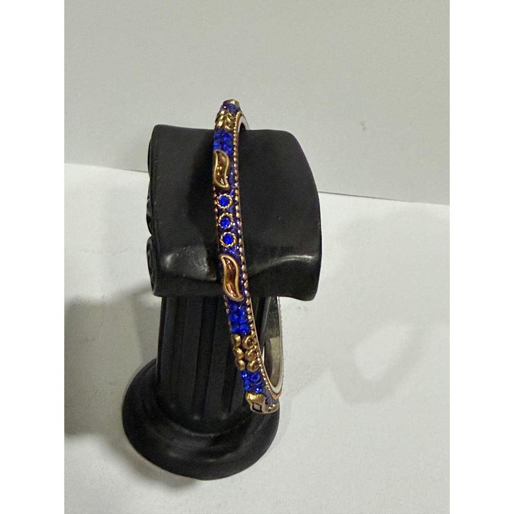 Boho Ethnic Blue Rhinestone Gold Tone Bangle Bracelet 8.5 Blue Gold Paisley